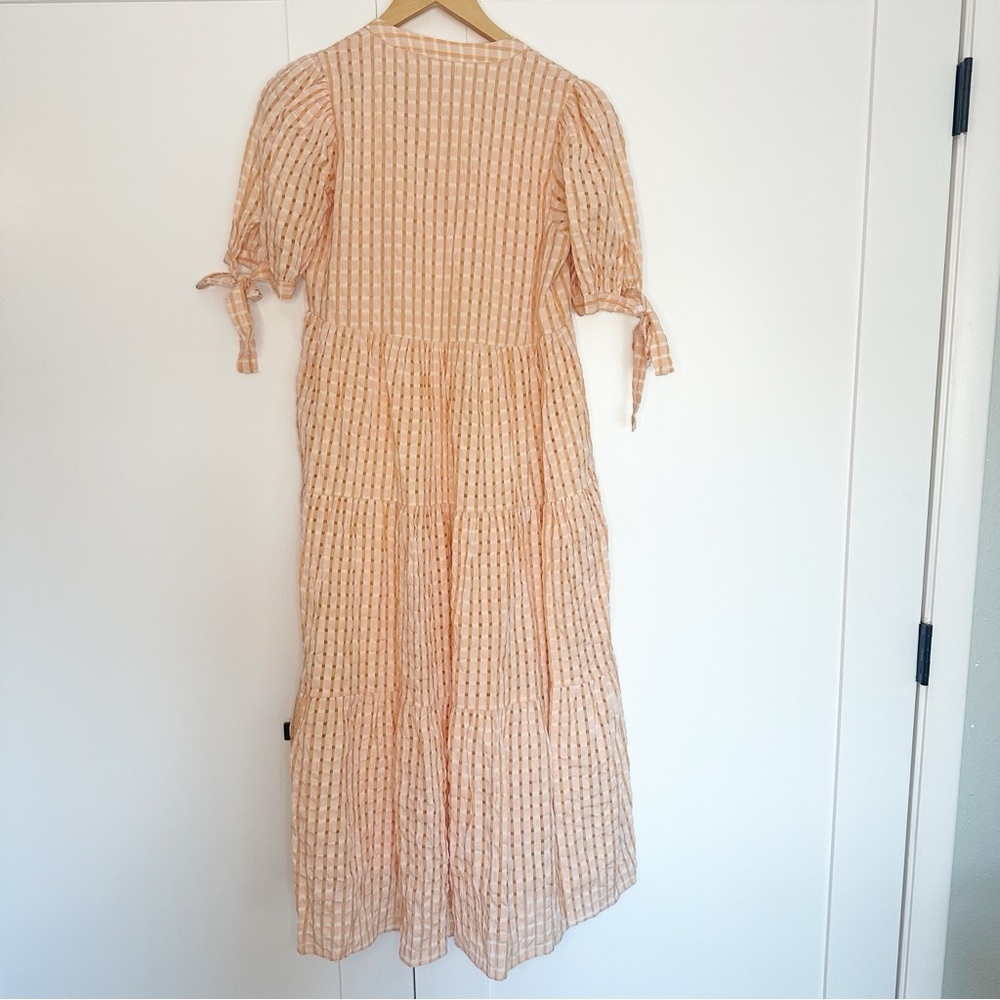 English factory Gingham Tiered Midi Dress Bow Tie Sleeves Orange XS pockets pink - Picture 8 of 14